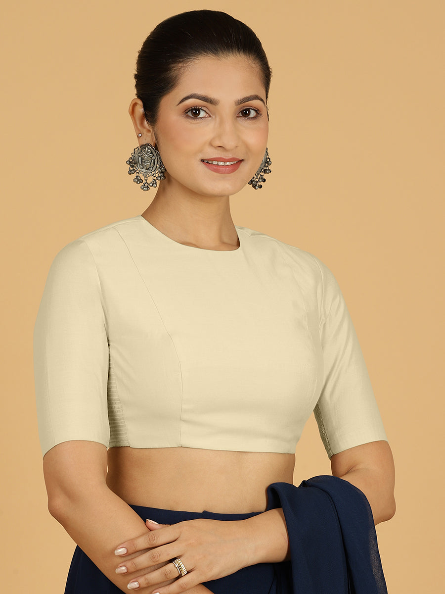 Amisha x Rozaana Saree Blouse, in White Viscose, featuring elbow sleeves and jewel neckline, made for daily & work (view 5).