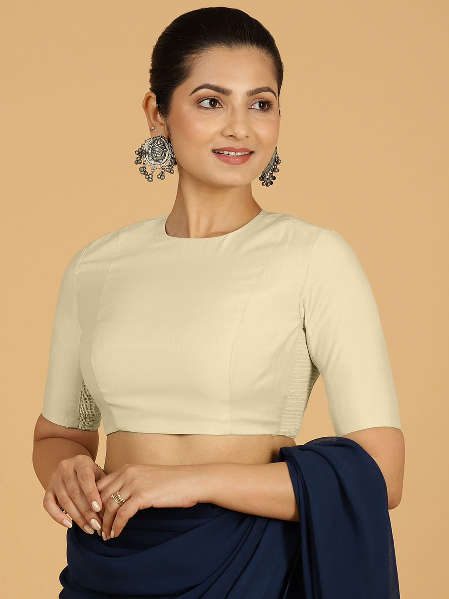 Amisha x Rozaana Saree Blouse, in White Viscose, featuring elbow sleeves and jewel neckline, made for daily & work (view 6).