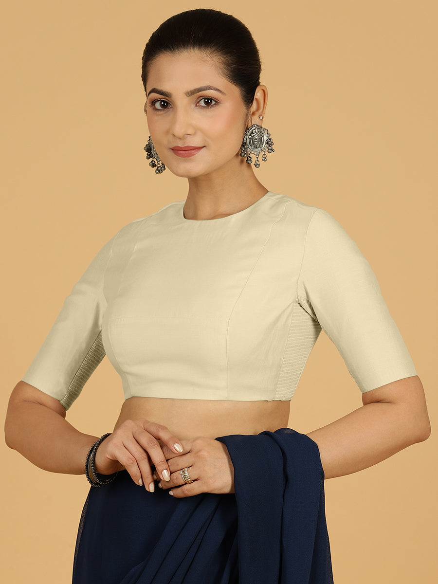 Amisha x Rozaana Saree Blouse, in White Viscose, featuring elbow sleeves and jewel neckline, made for daily & work (view 8).