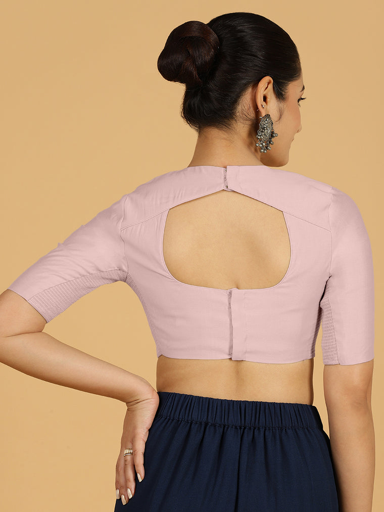 Amisha x Rozaana Saree Blouse, in Pink Viscose, featuring elbow sleeves and jewel neckline, made for daily & work (view 2).