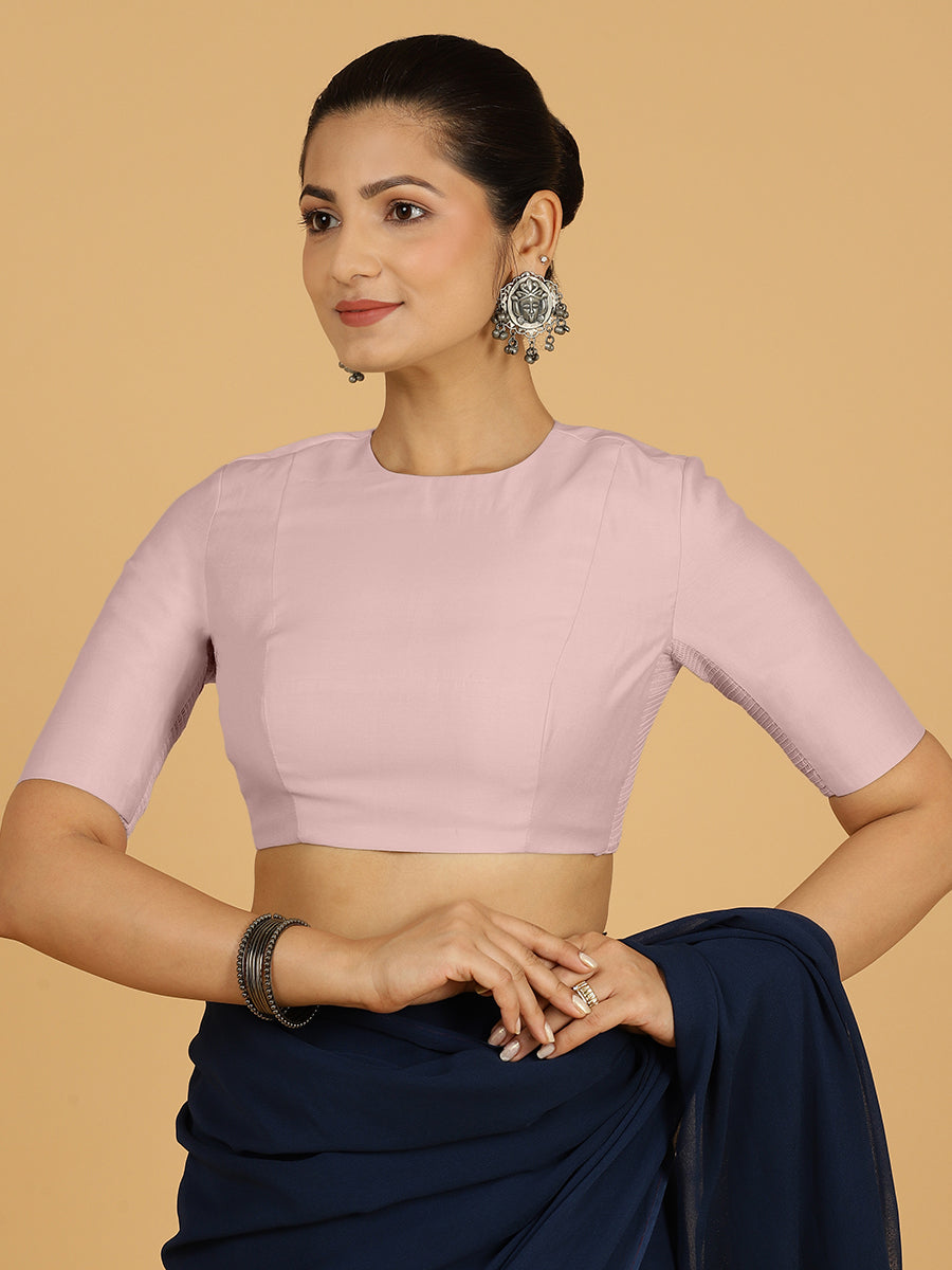 Amisha x Rozaana Saree Blouse, in Pink Viscose, featuring elbow sleeves and jewel neckline, made for daily & work (view 7).