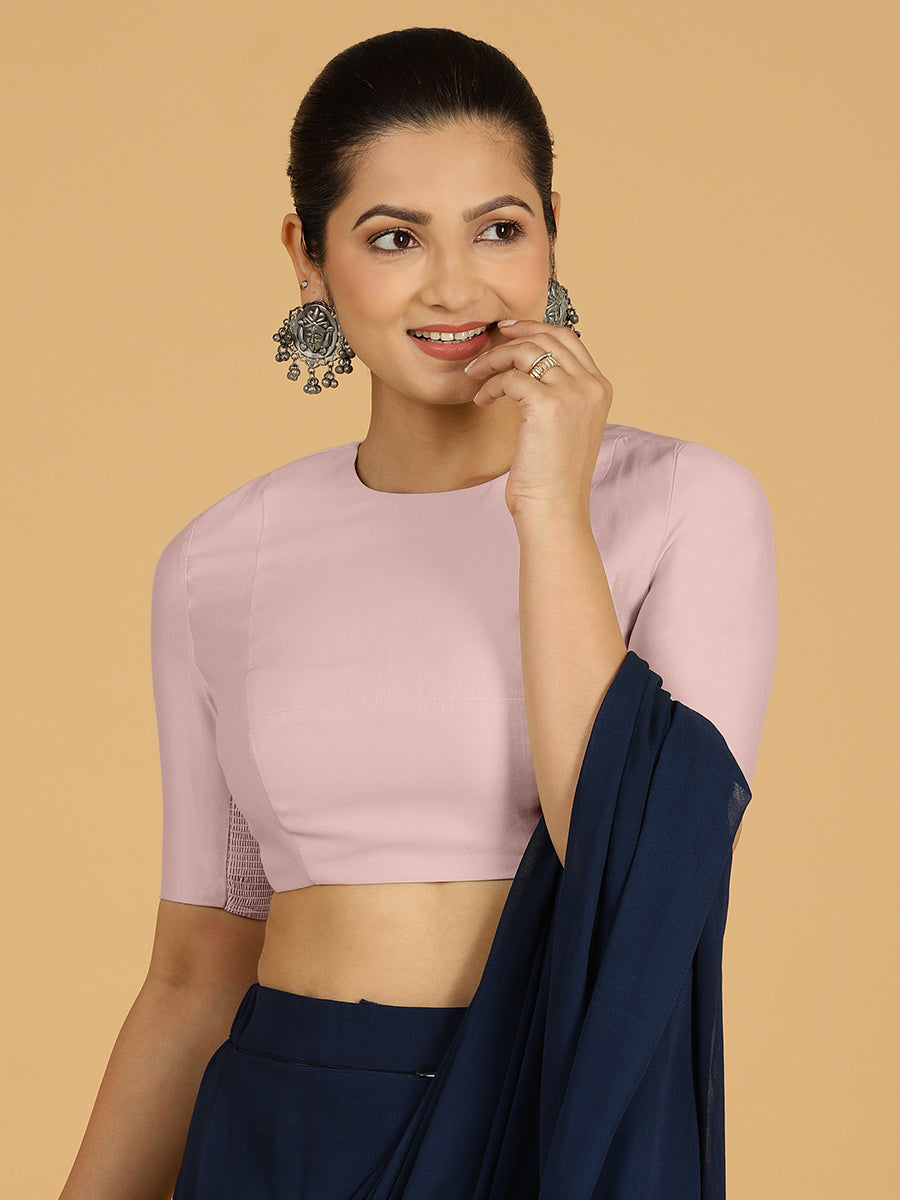 Amisha x Rozaana Saree Blouse, in Pink Viscose, featuring elbow sleeves and jewel neckline, made for daily & work (view 8).