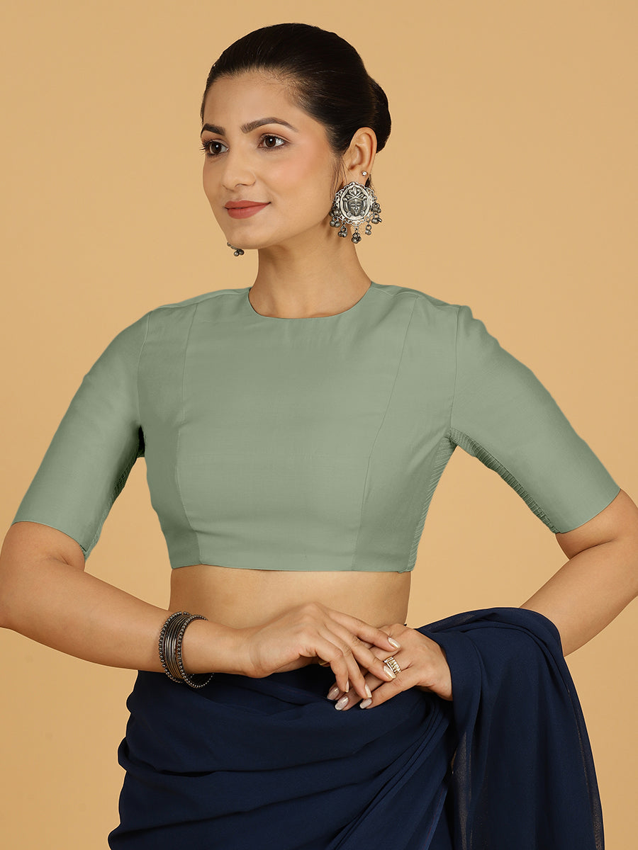 Amisha x Rozaana Saree Blouse, in Green Viscose, featuring elbow sleeves and jewel neckline, made for daily & work (view 7).