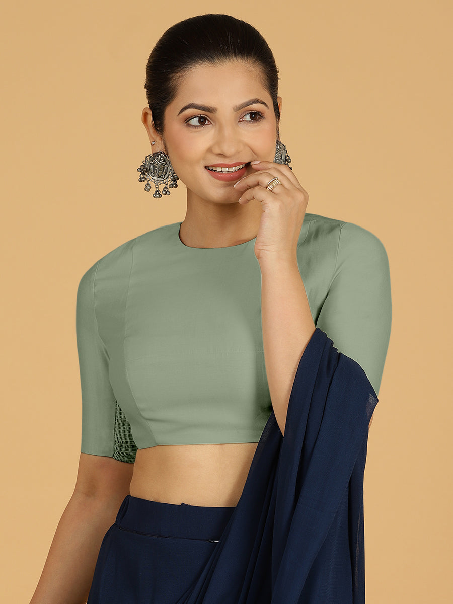 Amisha x Rozaana Saree Blouse, in Green Viscose, featuring elbow sleeves and jewel neckline, made for daily & work (view 8).