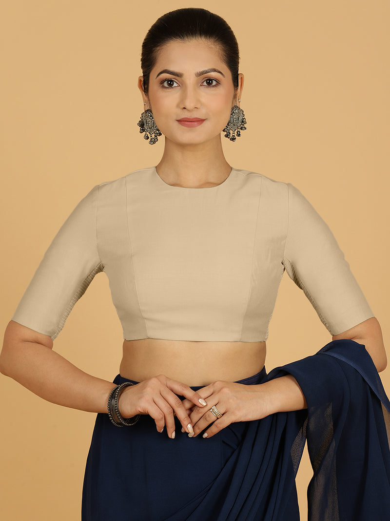 Amisha x Rozaana | Elbow Sleeves Saree Blouse in Oyster Grey-Binks