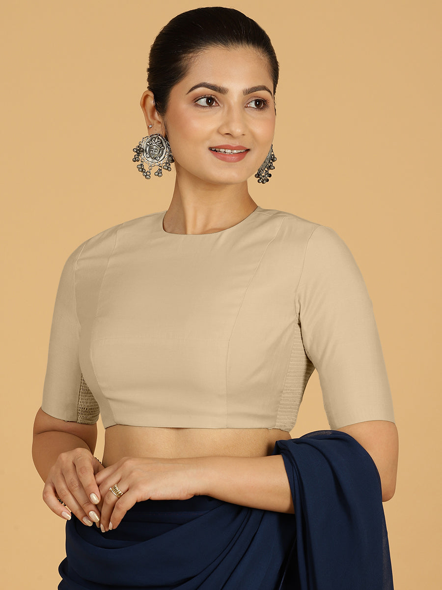 Amisha x Rozaana Saree Blouse, in Grey Viscose, featuring elbow sleeves and jewel neckline, made for daily & work (view 5).