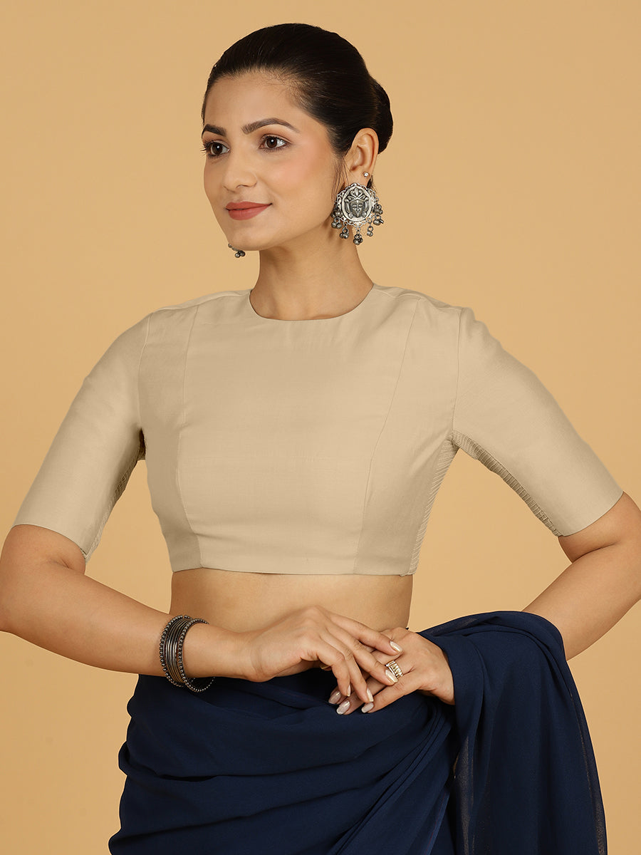 Amisha x Rozaana Saree Blouse, in Grey Viscose, featuring elbow sleeves and jewel neckline, made for daily & work (view 6).