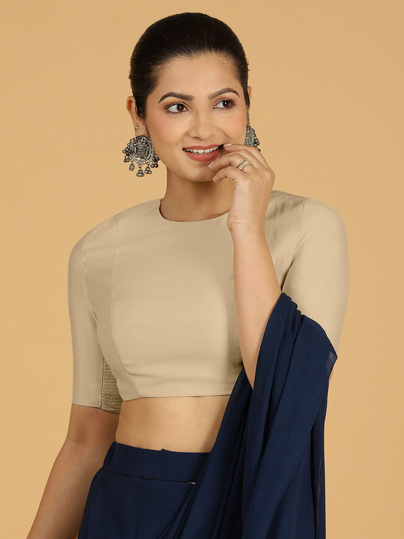 Amisha x Rozaana | Elbow Sleeves Saree Blouse in Oyster Grey-Binks