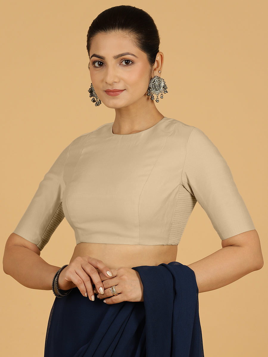 Amisha x Rozaana Saree Blouse, in Grey Viscose, featuring elbow sleeves and jewel neckline, made for daily & work (view 8).