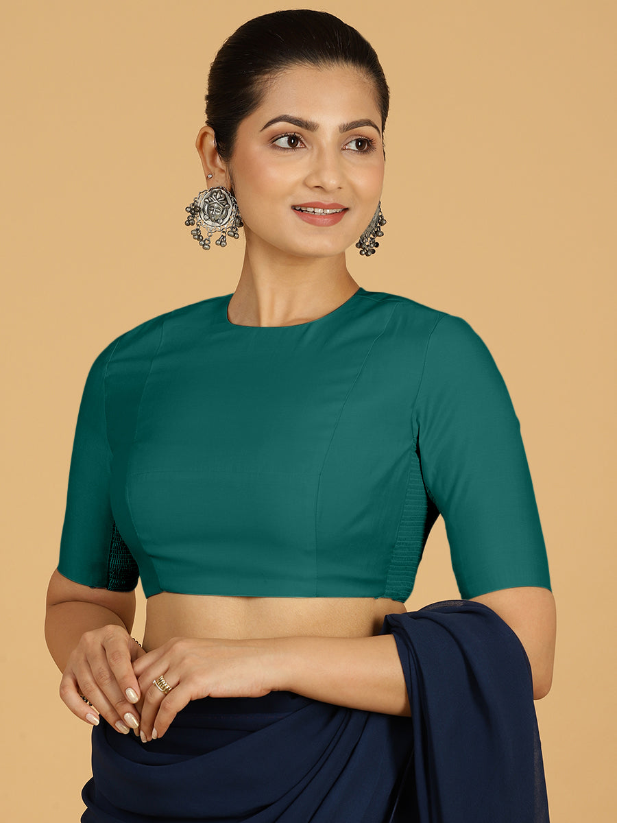 Amisha x Rozaana Saree Blouse, in Green Viscose, featuring elbow sleeves and jewel neckline, made for daily & work (view 6).