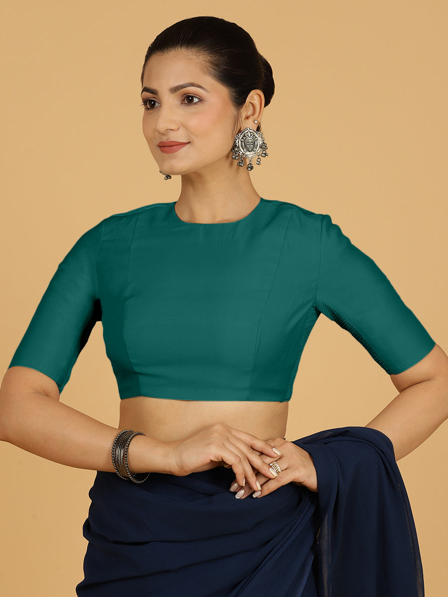 Amisha x Rozaana Saree Blouse, in Green Viscose, featuring elbow sleeves and jewel neckline, made for daily & work (view 7).