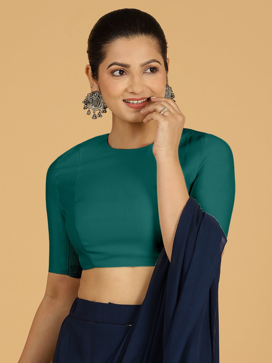Amisha x Rozaana Saree Blouse, in Green Viscose, featuring elbow sleeves and jewel neckline, made for daily & work (view 8).