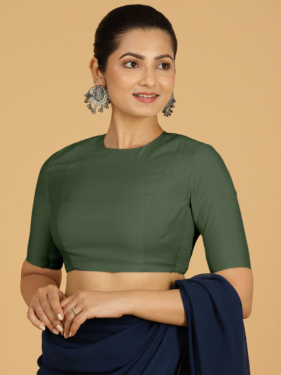 Amisha x Rozaana Saree Blouse, in Green Viscose, featuring elbow sleeves and jewel neckline, made for daily & work.
