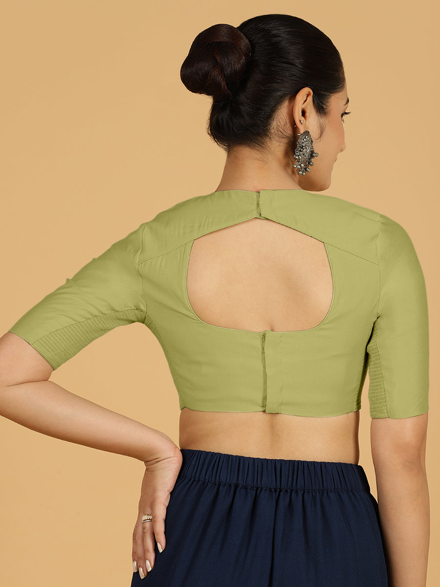 Amisha x Rozaana Saree Blouse, in Green Viscose, featuring elbow sleeves and stylised neckline, made for daily & work (view 2).