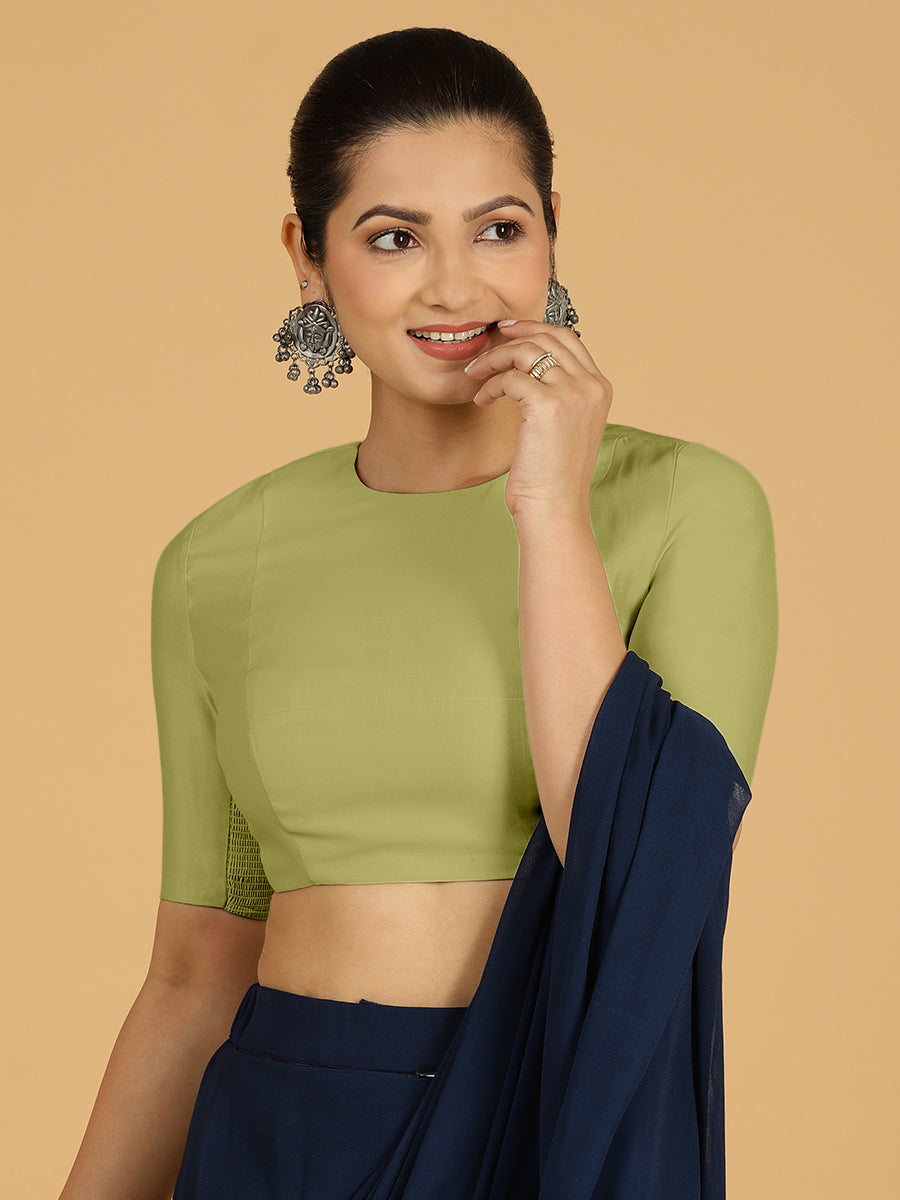 Amisha x Rozaana Saree Blouse, in Green Viscose, featuring elbow sleeves and stylised neckline, made for daily & work (view 7).