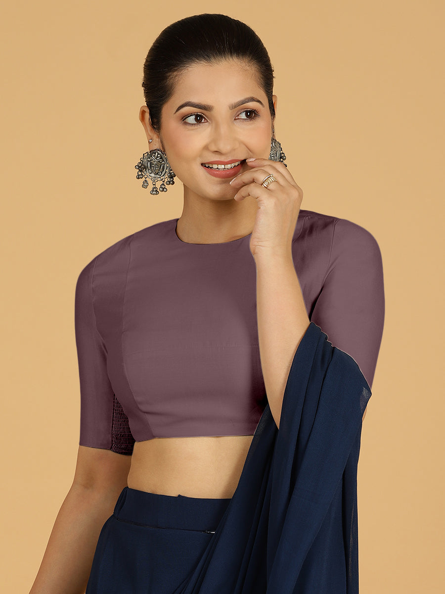 Amisha x Rozaana Saree Blouse, in Purple Viscose, featuring elbow sleeves and jewel neckline, made for daily & work.