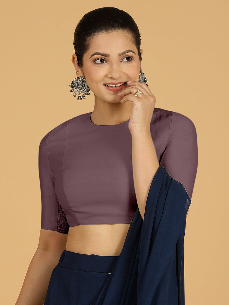 Amisha x Rozaana Saree Blouse, in Purple Viscose, featuring elbow sleeves and jewel neckline, made for daily & work.
