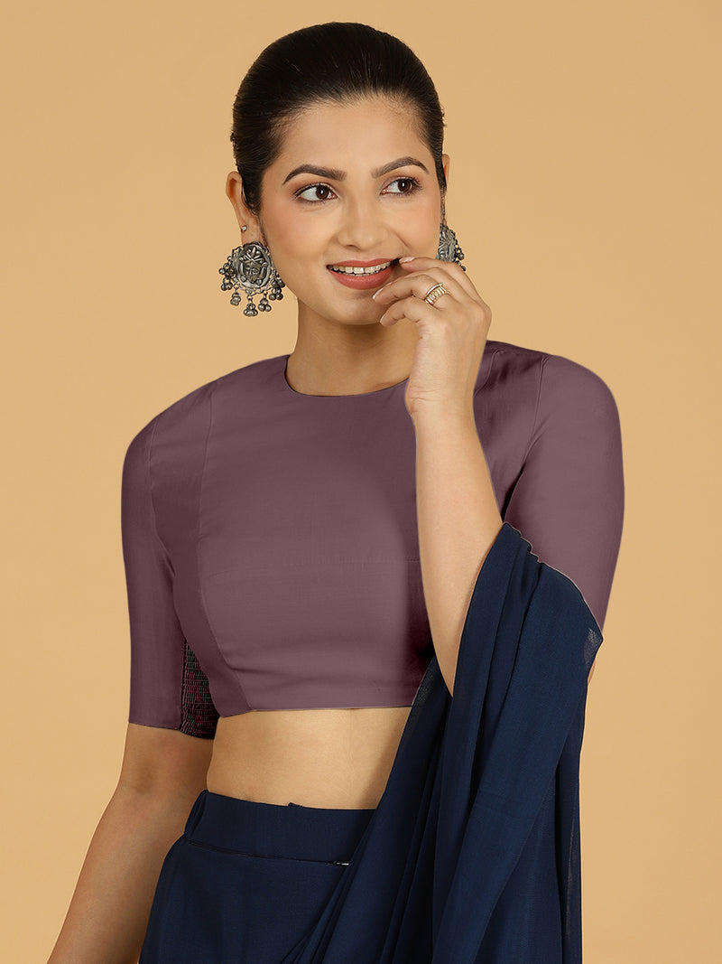 Amisha x Rozaana | Elbow Sleeves Saree Blouse in Purple Mauve-Binks