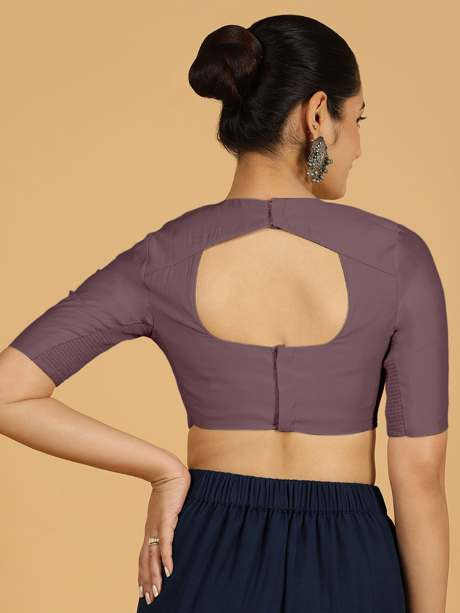 Amisha x Rozaana Saree Blouse, in Purple Viscose, featuring elbow sleeves and jewel neckline, made for daily & work (view 2).