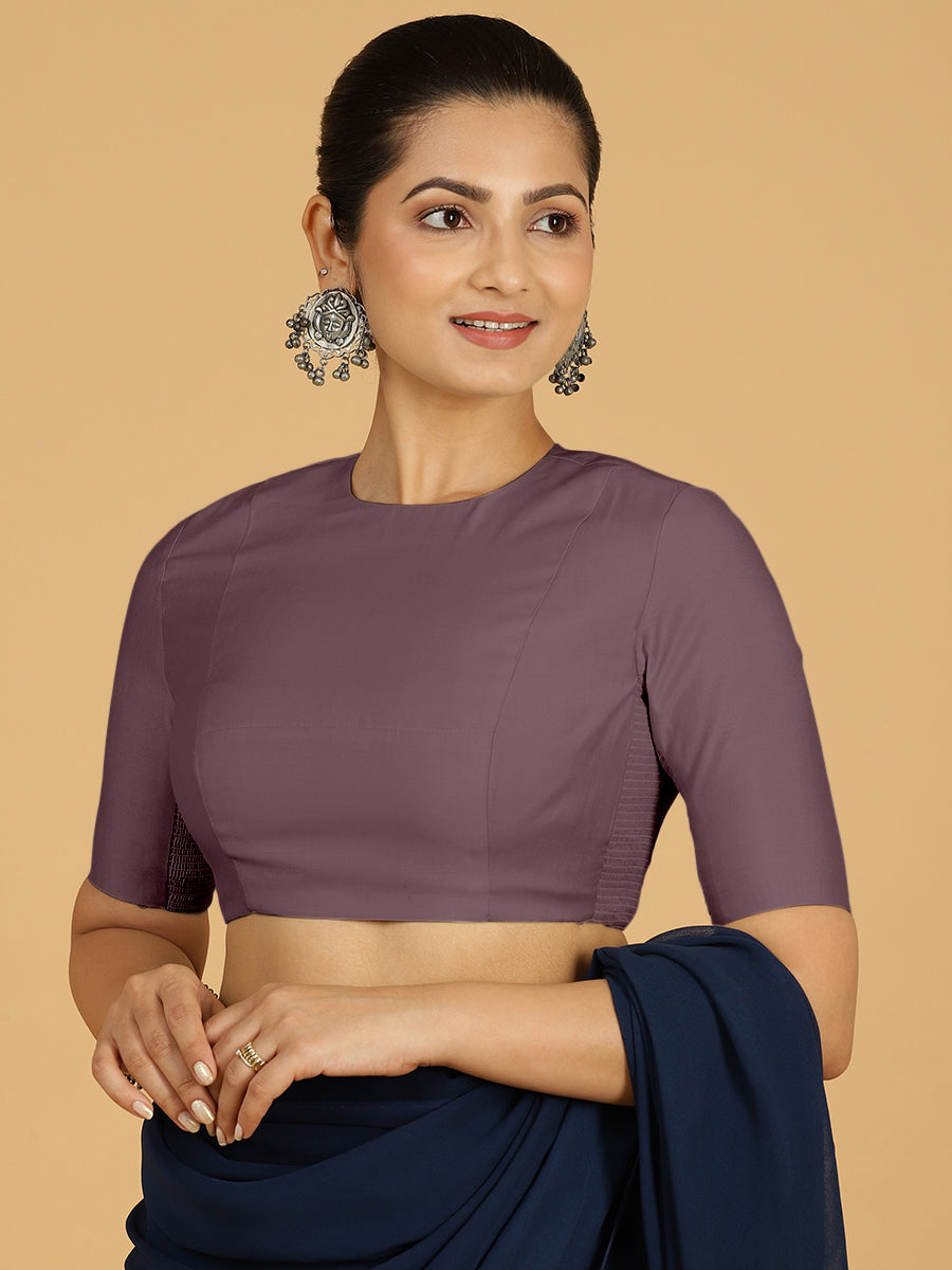 Amisha x Rozaana Saree Blouse, in Purple Viscose, featuring elbow sleeves and jewel neckline, made for daily & work (view 6).