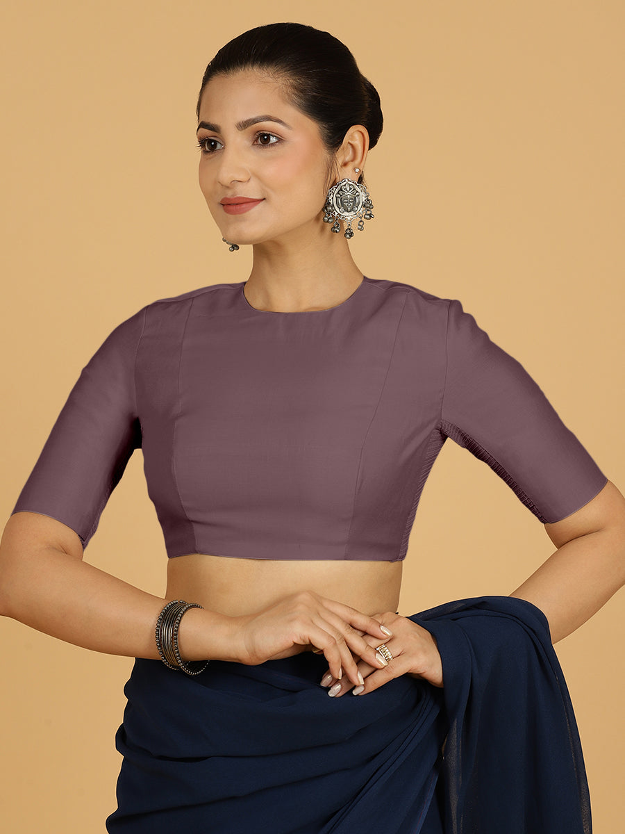 Amisha x Rozaana Saree Blouse, in Purple Viscose, featuring elbow sleeves and jewel neckline, made for daily & work (view 7).