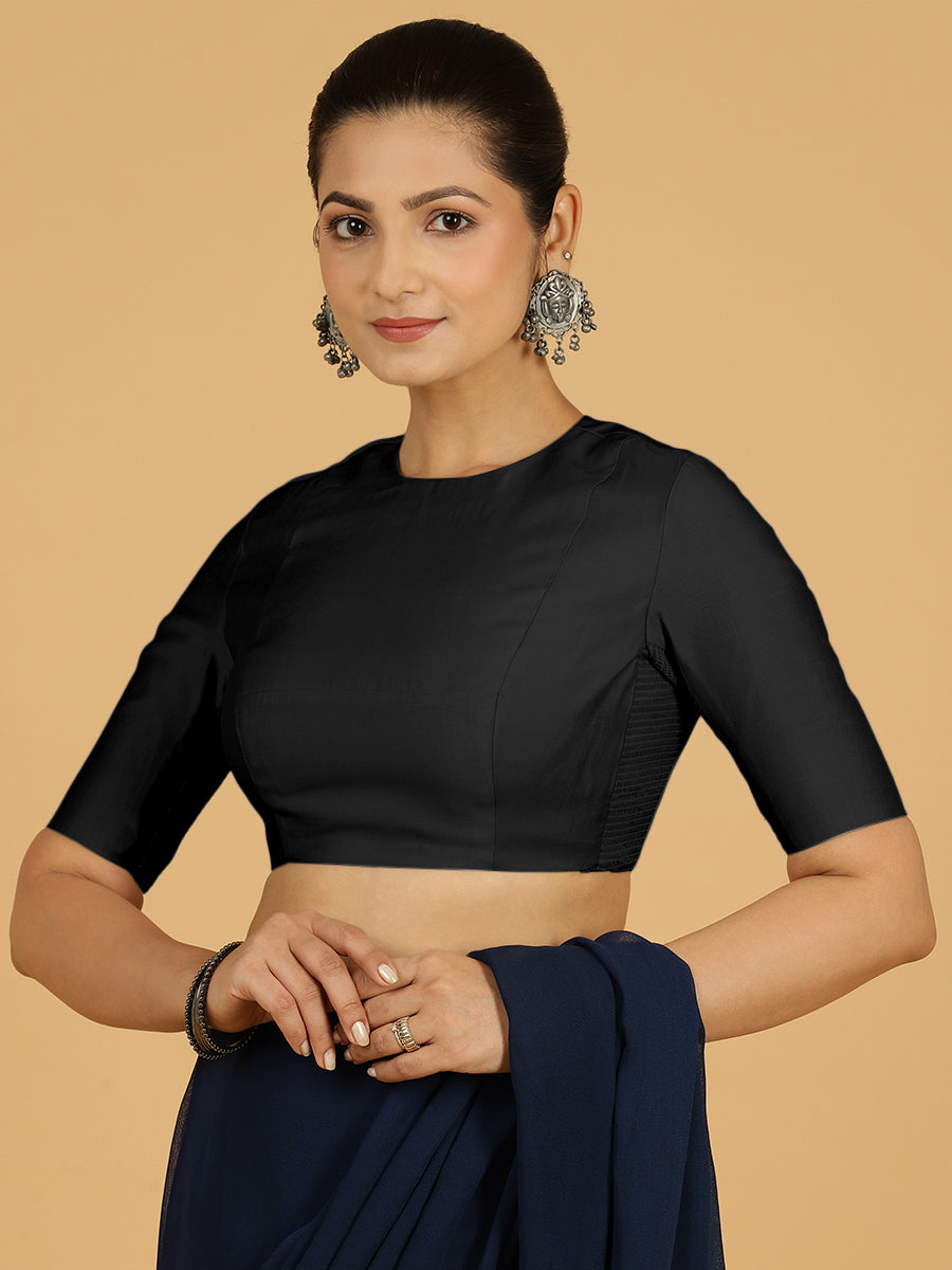 Amisha x Rozaana Saree Blouse, in Black Viscose, featuring elbow sleeves and jewel neckline, made for daily & work.