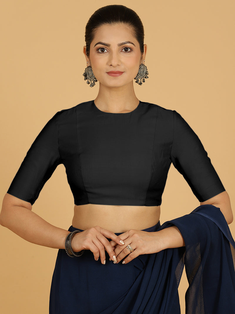 Amisha x Rozaana | Elbow Sleeves Saree Blouse in Raven Black-Binks