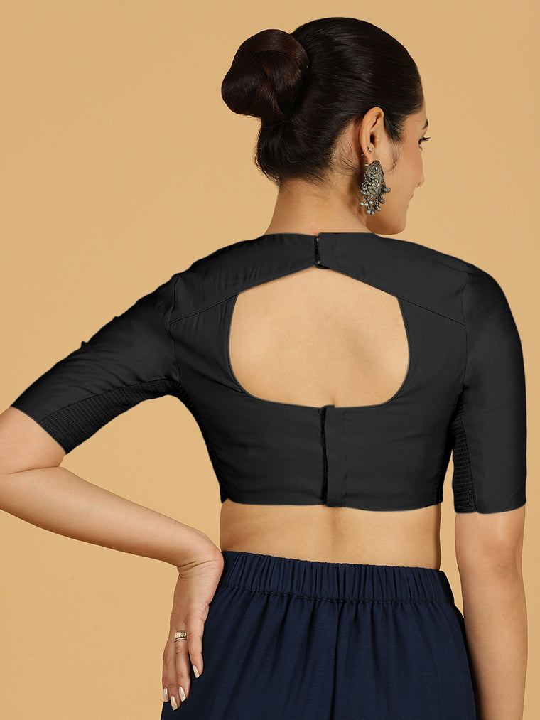 Amisha x Rozaana Saree Blouse, in Black Viscose, featuring elbow sleeves and jewel neckline, made for daily & work (view 2).