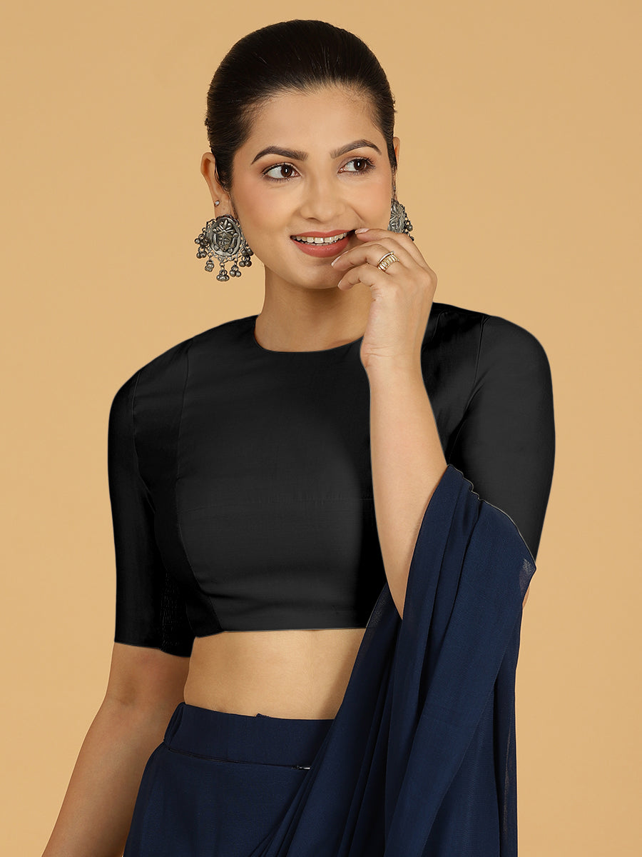 Amisha x Rozaana Saree Blouse, in Black Viscose, featuring elbow sleeves and jewel neckline, made for daily & work (view 8).
