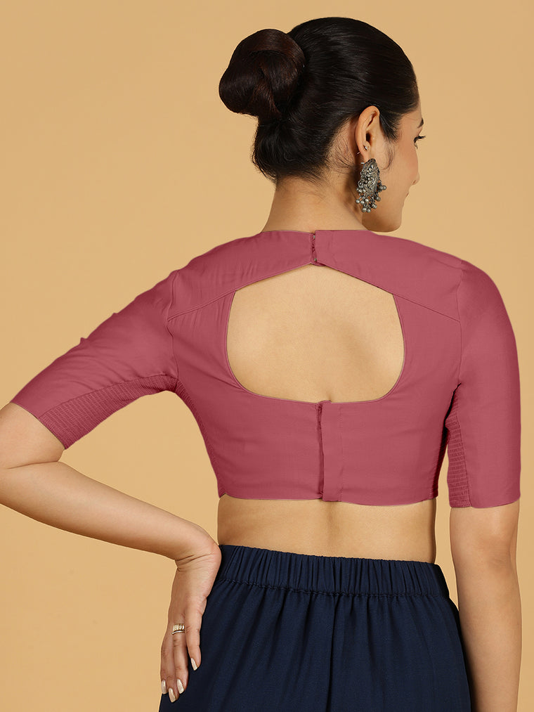 Amisha x Rozaana Saree Blouse, in Pink Viscose, featuring elbow sleeves and jewel neckline, made for daily & work (view 2).