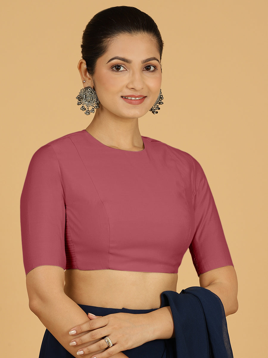 Amisha x Rozaana Saree Blouse, in Pink Viscose, featuring elbow sleeves and jewel neckline, made for daily & work (view 5).