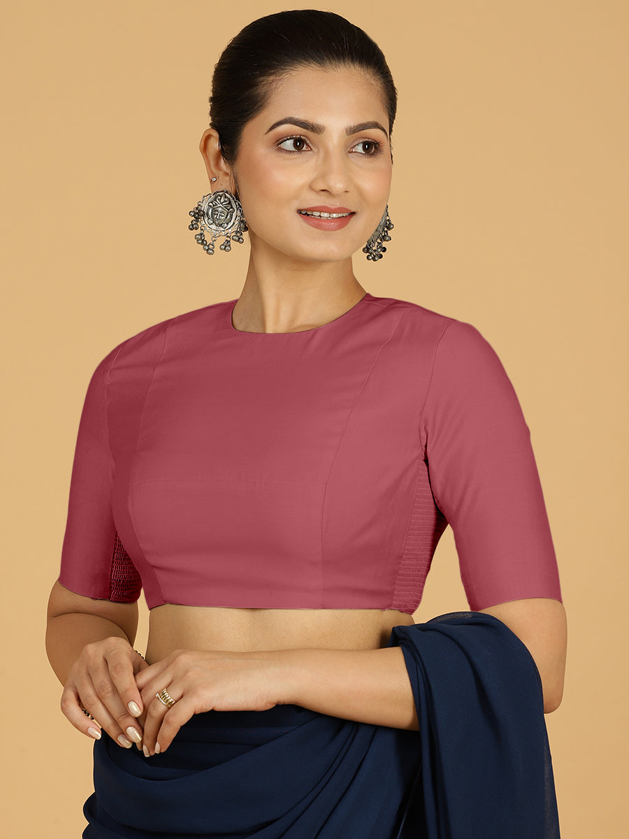 Amisha x Rozaana Saree Blouse, in Pink Viscose, featuring elbow sleeves and jewel neckline, made for daily & work (view 6).