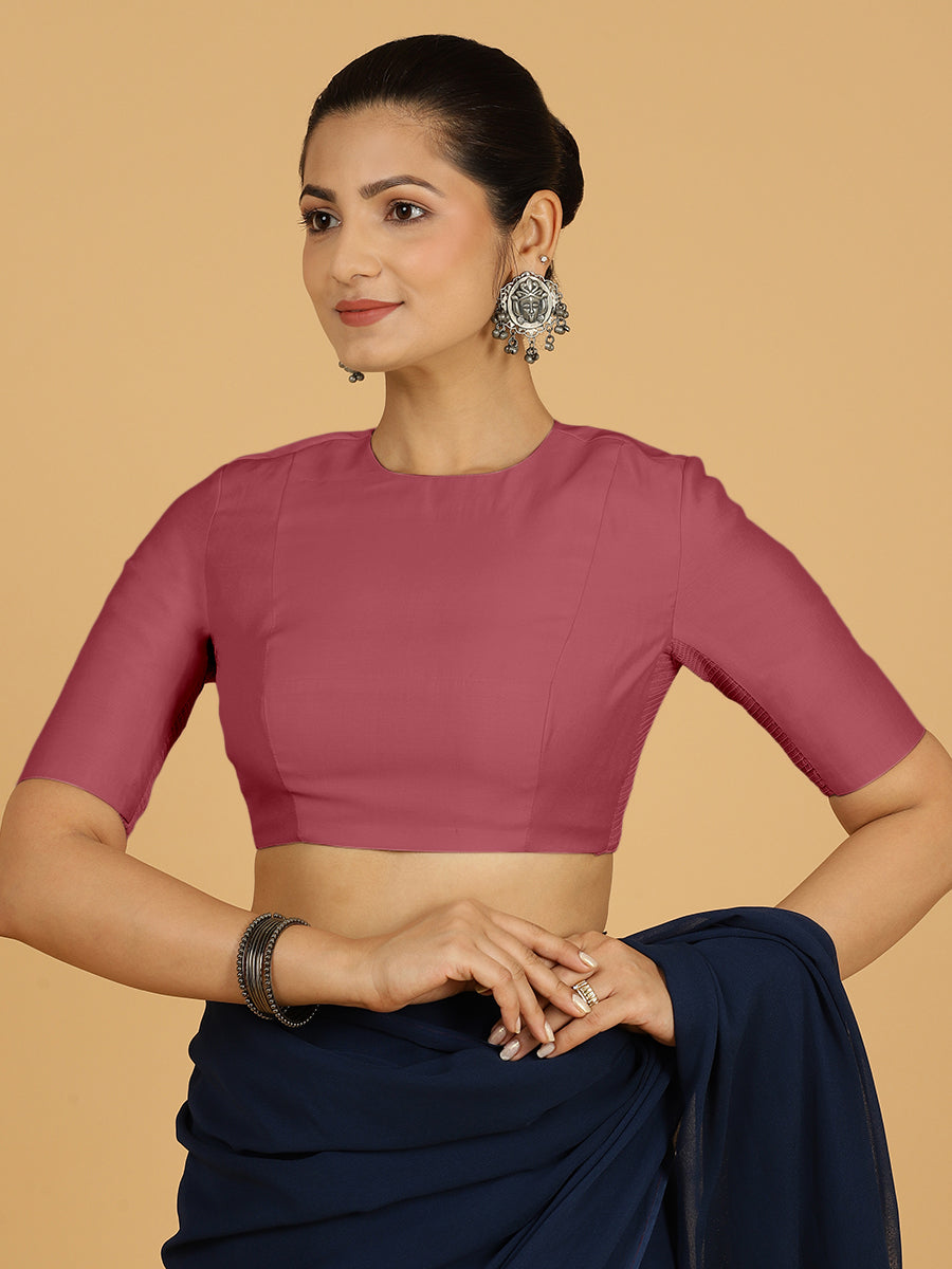 Amisha x Rozaana Saree Blouse, in Pink Viscose, featuring elbow sleeves and jewel neckline, made for daily & work (view 7).