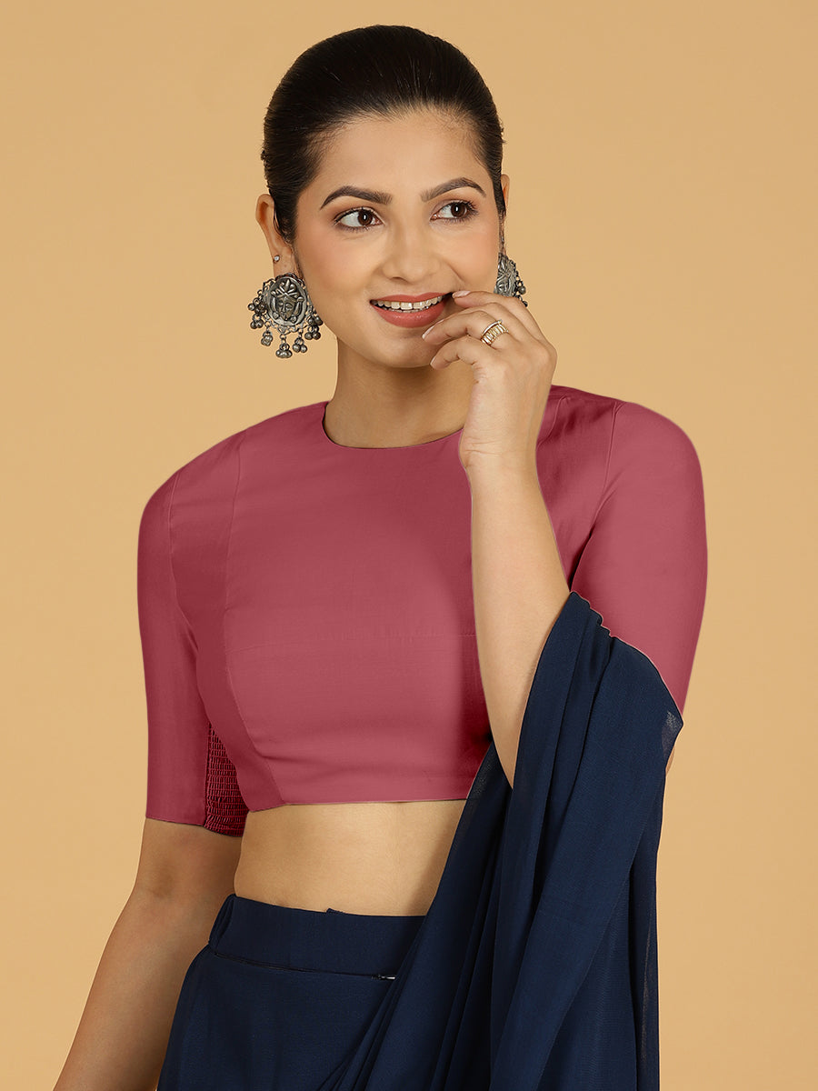 Amisha x Rozaana Saree Blouse, in Pink Viscose, featuring elbow sleeves and jewel neckline, made for daily & work (view 8).
