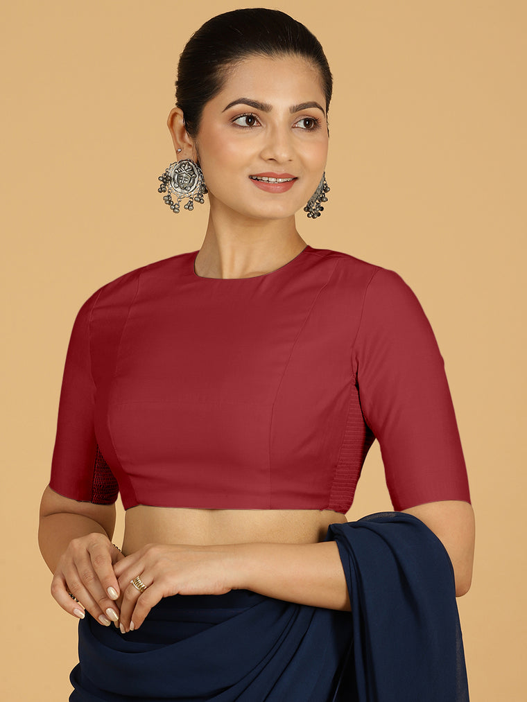 Amisha x Rozaana Saree Blouse, in Red Viscose, featuring elbow sleeves and jewel neckline, made for daily & work.