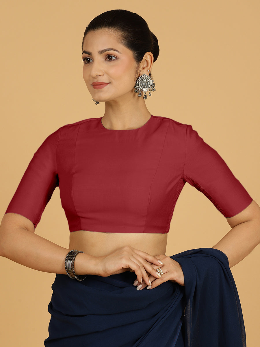 Amisha x Rozaana Saree Blouse, in Red Viscose, featuring elbow sleeves and jewel neckline, made for daily & work (view 6).