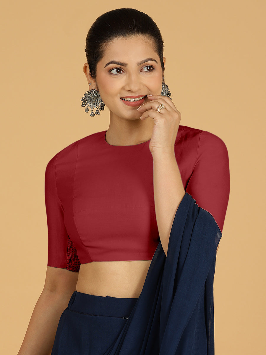 Amisha x Rozaana Saree Blouse, in Red Viscose, featuring elbow sleeves and jewel neckline, made for daily & work (view 7).