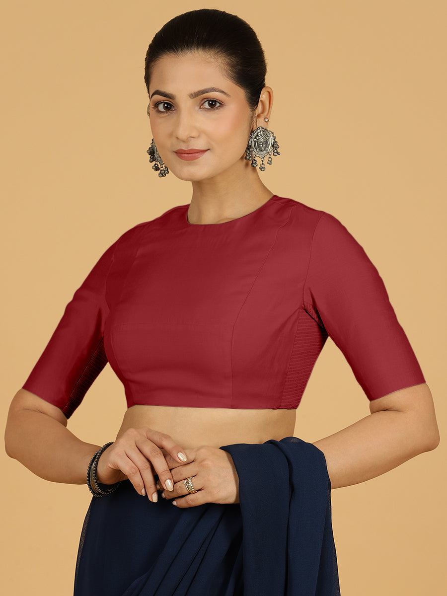 Amisha x Rozaana Saree Blouse, in Red Viscose, featuring elbow sleeves and jewel neckline, made for daily & work (view 8).