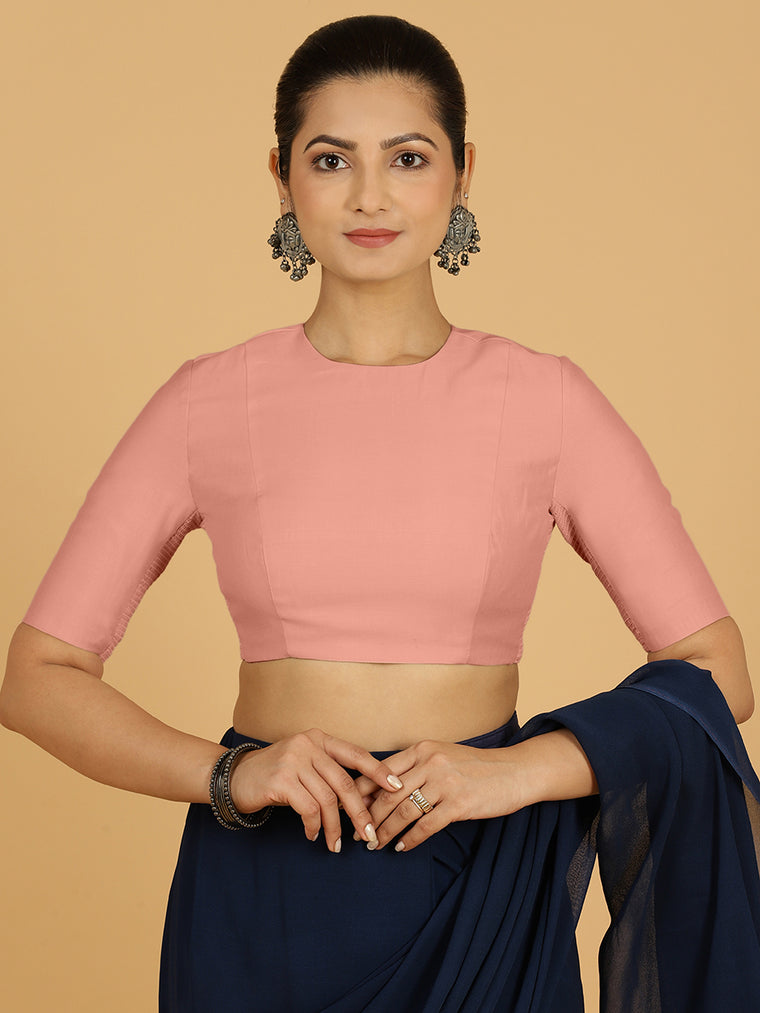 Amisha x Rozaana Saree Blouse, in Pink Viscose, featuring elbow sleeves and jewel neckline, made for daily & work.