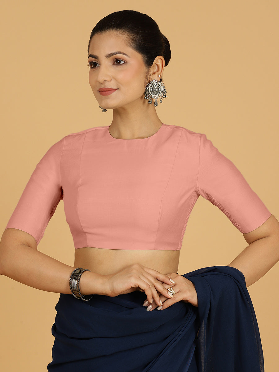 Amisha x Rozaana Saree Blouse, in Pink Viscose, featuring elbow sleeves and jewel neckline, made for daily & work (view 7).