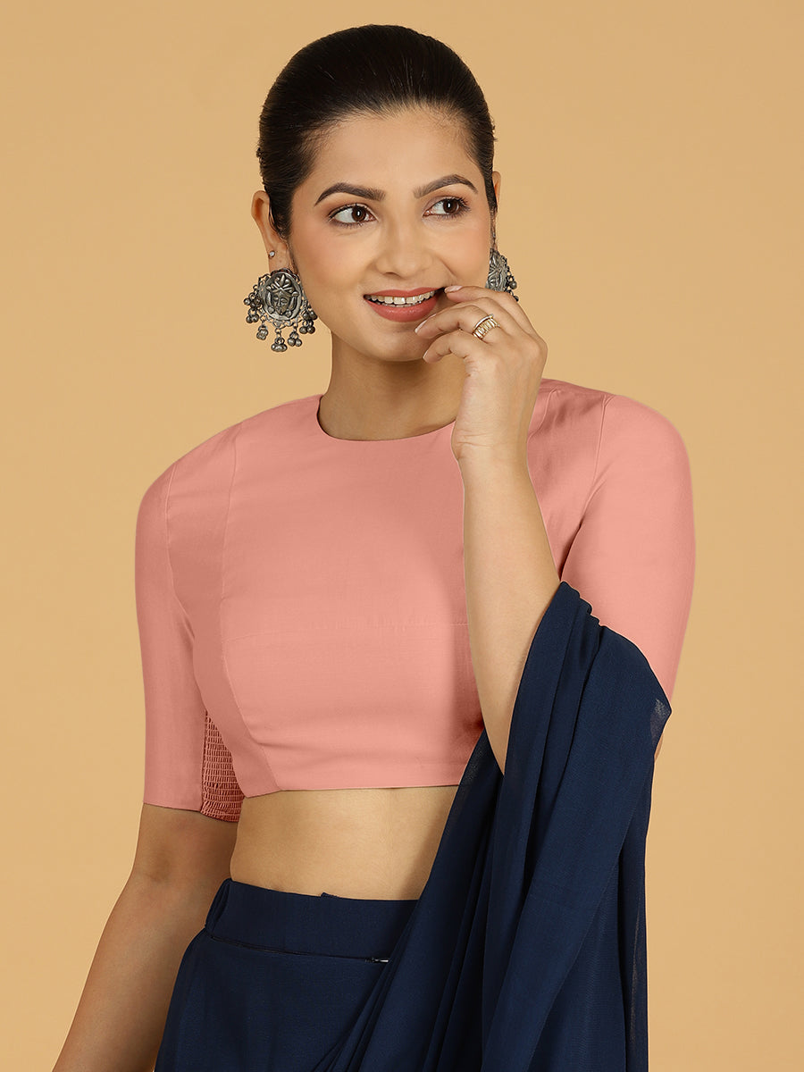 Amisha x Rozaana Saree Blouse, in Pink Viscose, featuring elbow sleeves and jewel neckline, made for daily & work (view 8).