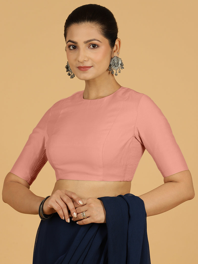 Amisha x Rozaana | Elbow Sleeves Saree Blouse in Sea Pink-Binks