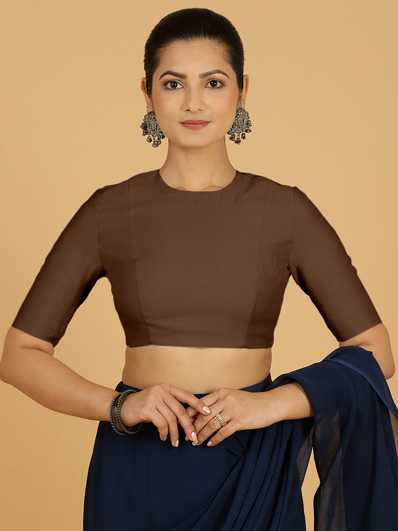 Amisha x Rozaana | Elbow Sleeves Saree Blouse in Walnut Brown-Binks