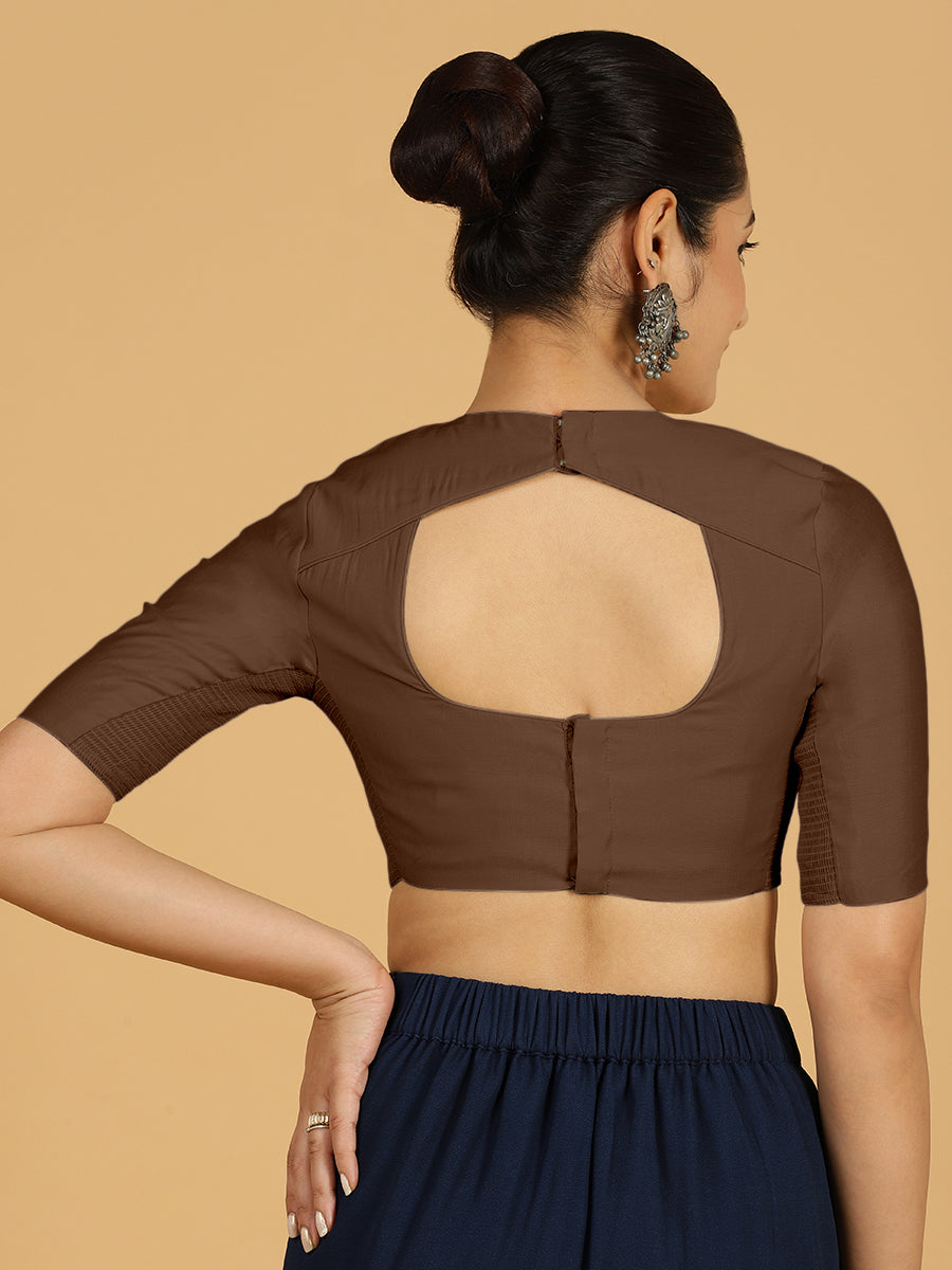 Amisha x Rozaana Saree Blouse, in Brown Viscose, featuring elbow sleeves and jewel neckline, made for daily & work (view 2).