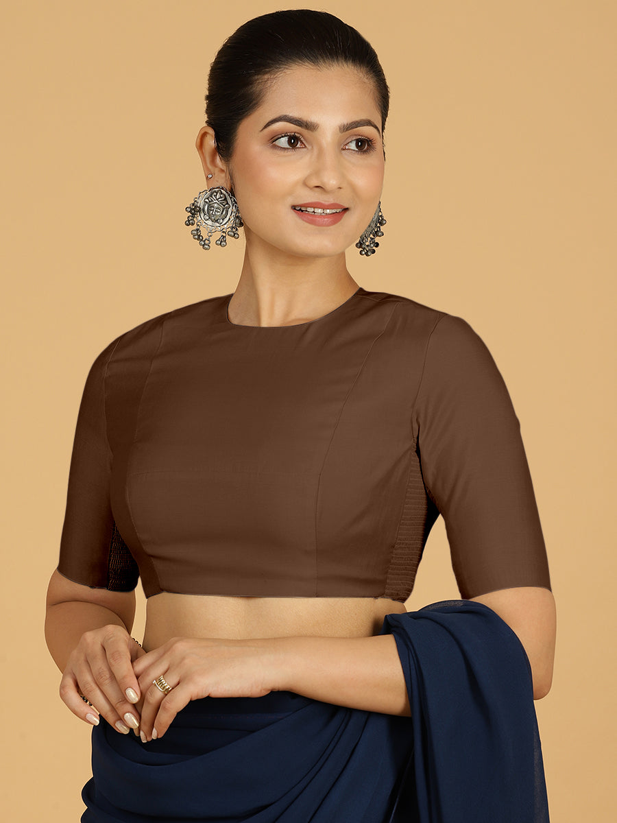 Amisha x Rozaana Saree Blouse, in Brown Viscose, featuring elbow sleeves and jewel neckline, made for daily & work (view 6).