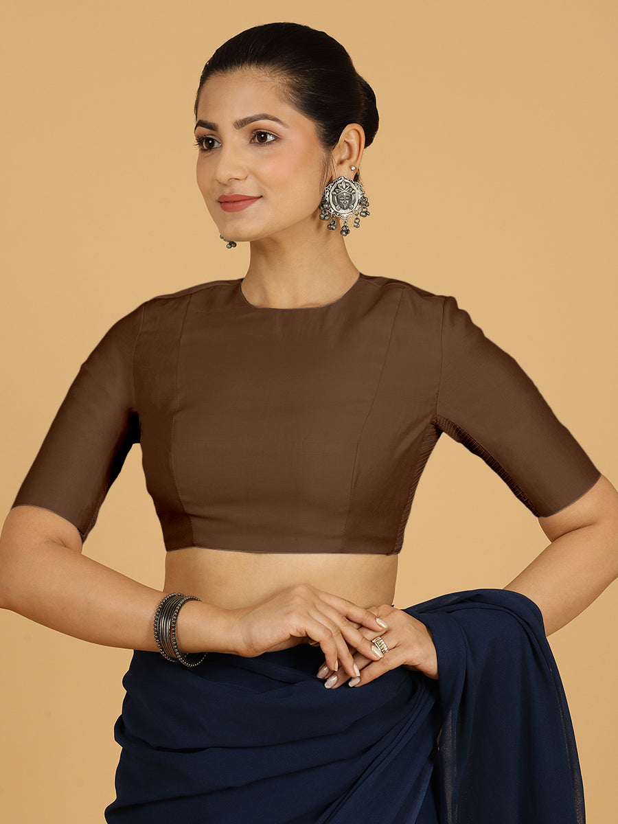 Amisha x Rozaana Saree Blouse, in Brown Viscose, featuring elbow sleeves and jewel neckline, made for daily & work (view 7).