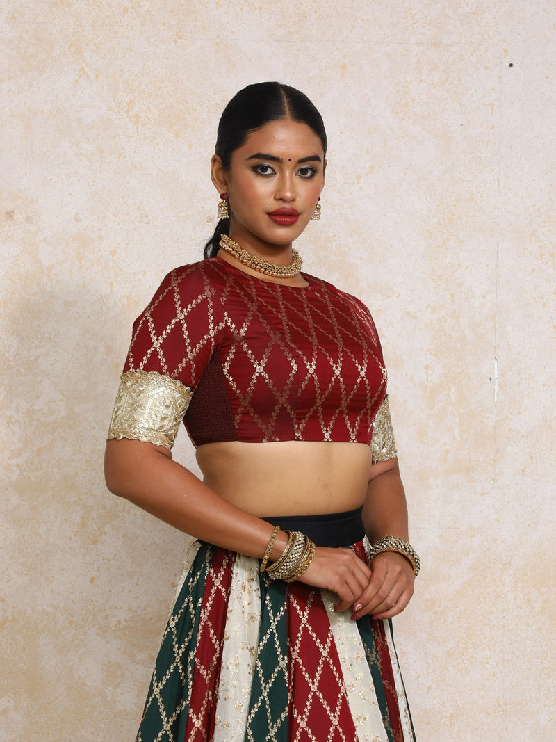 Amrita x Tyohaar | Elbow Sleeves Burgundy Vine Mesh Brocade Saree Blouse-Binks