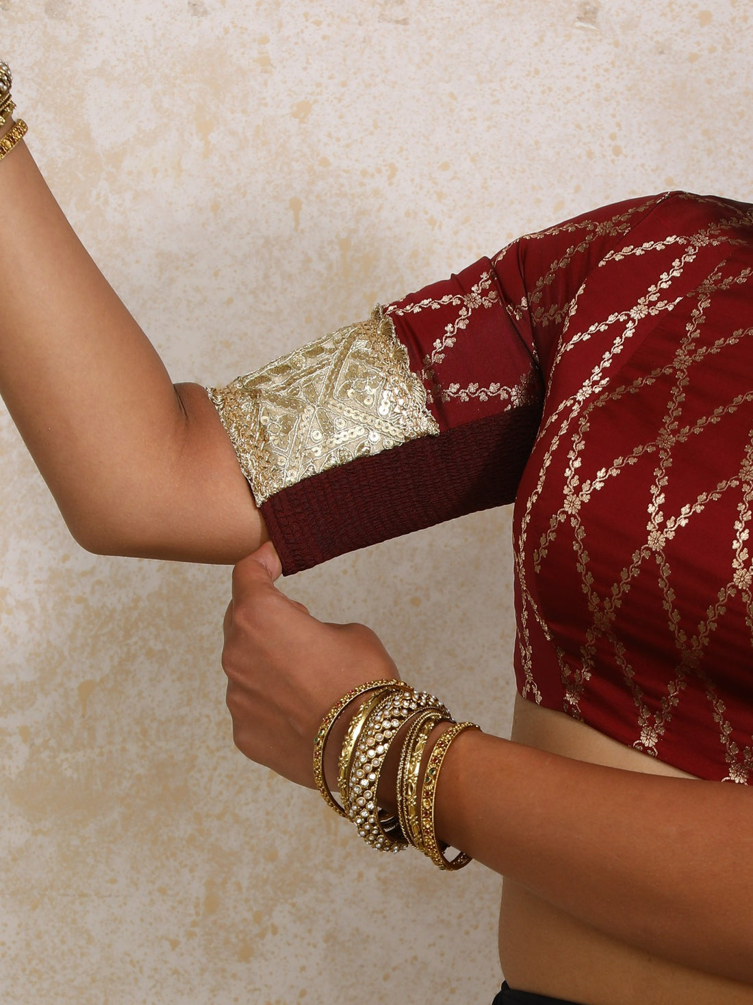 Amrita x Tyohaar Saree Blouse, in Maroon Viscose Silk Brocade, featuring elbow sleeves and jewel neckline (view 4).
