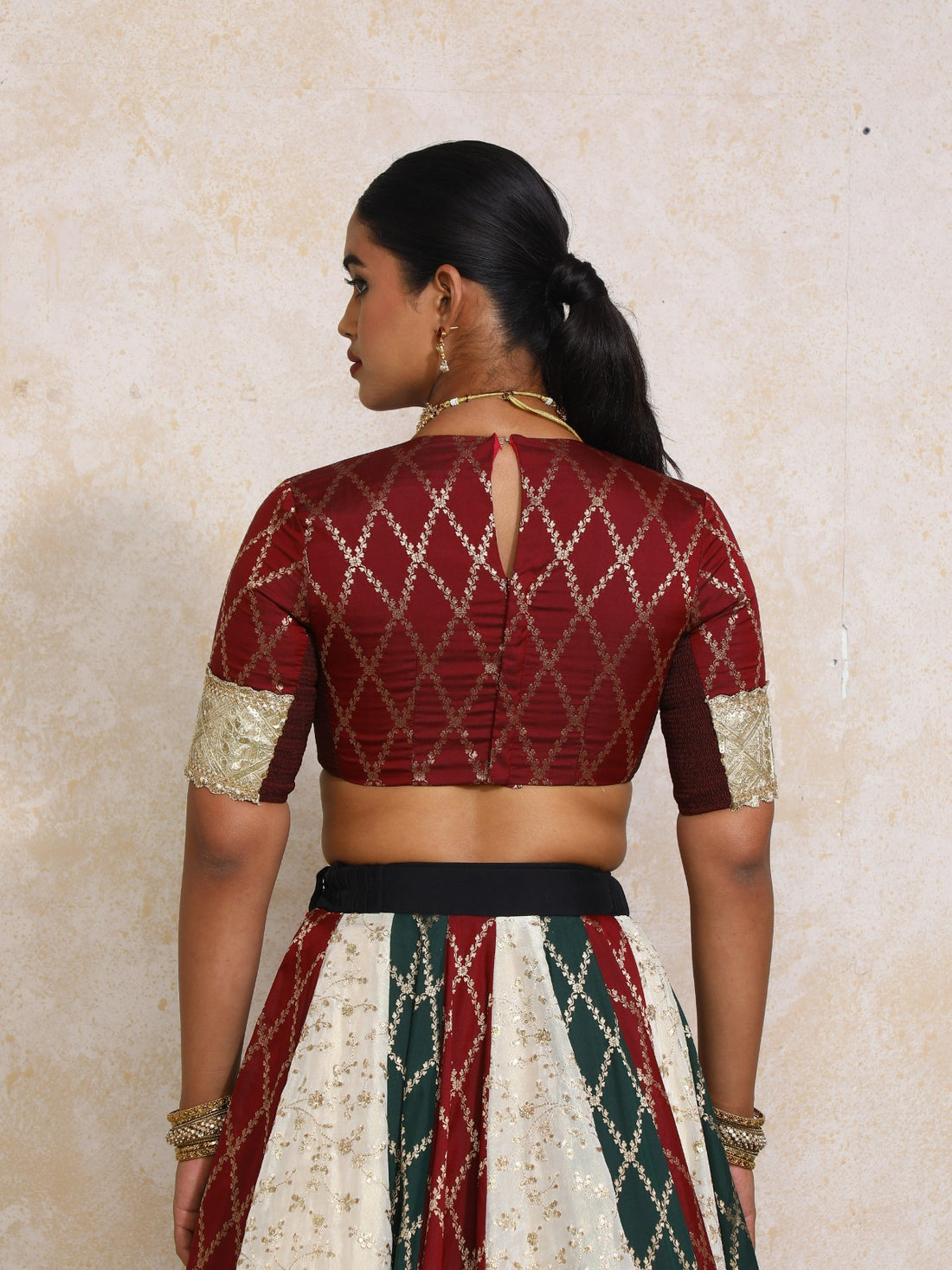 Amrita x Tyohaar Saree Blouse, in Maroon Viscose Silk Brocade, featuring elbow sleeves and jewel neckline (view 7).