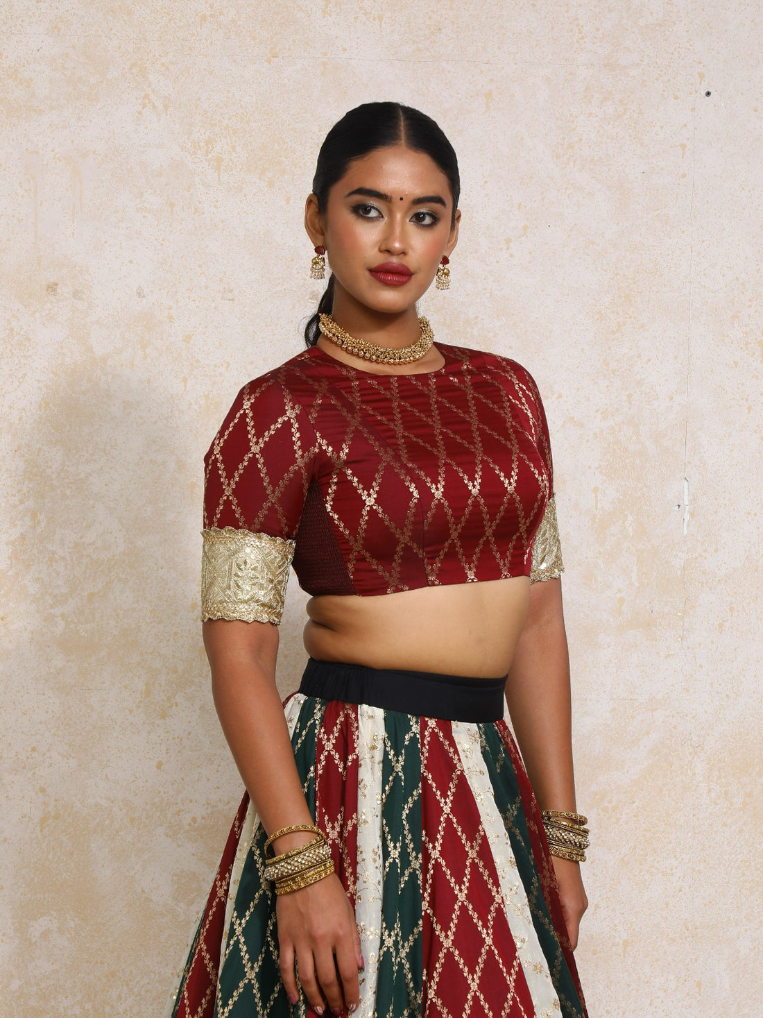 Amrita x Tyohaar Saree Blouse, in Maroon Viscose Silk Brocade, featuring elbow sleeves and jewel neckline (view 8).